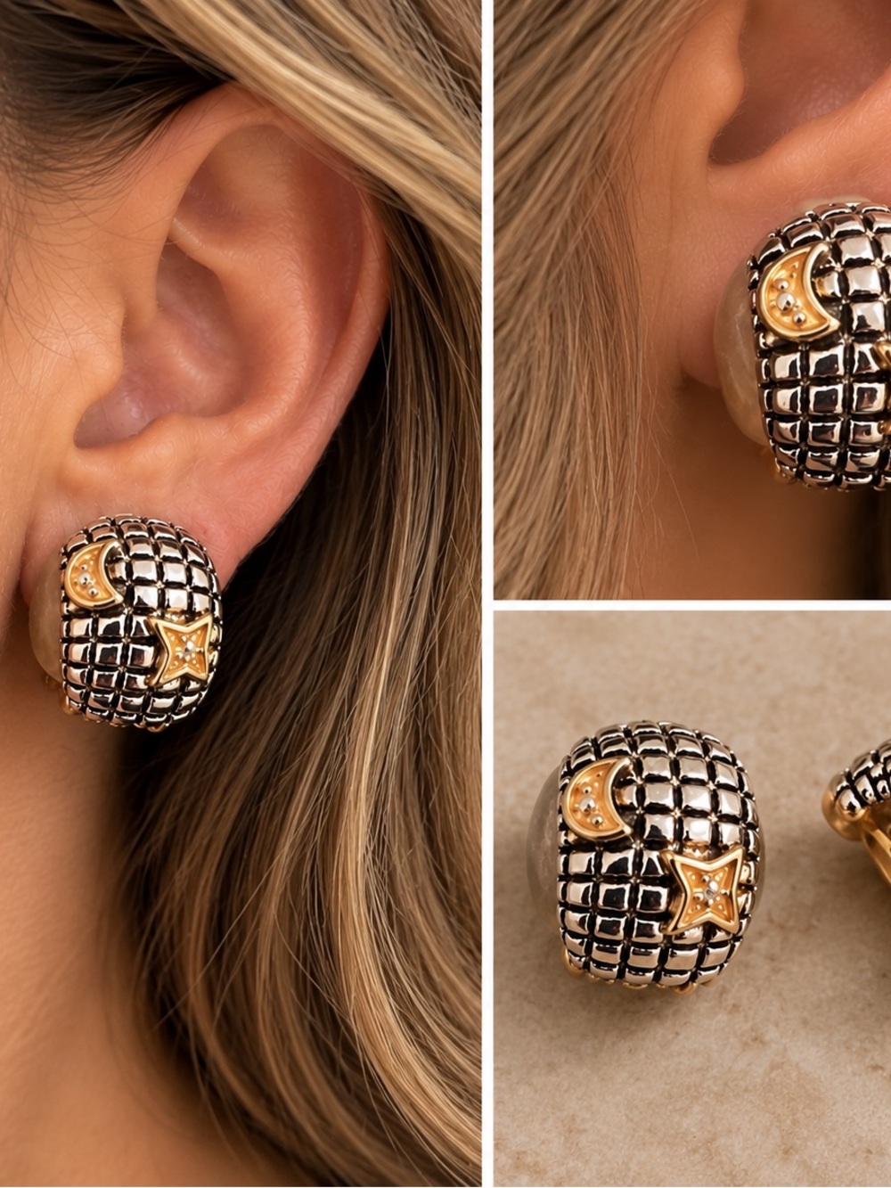Gold and Silver Moon & Star Dome Earrings - Women Jewelry